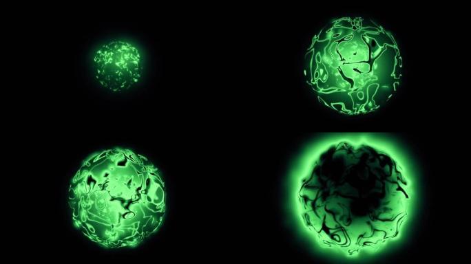 带等离子环的抽象孤立亮绿色魔法球燃烧球体的3D动画