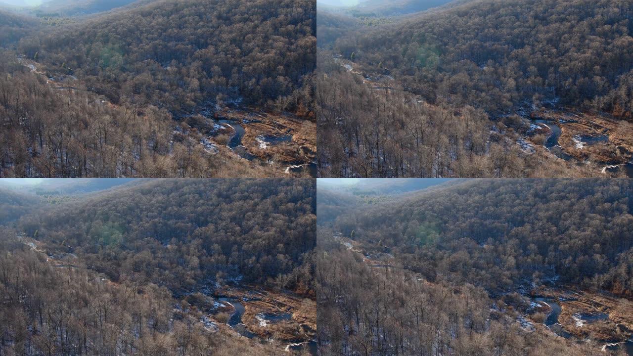 山谷溪流自上而下透视4k视频冬季
