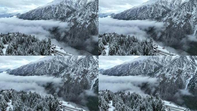 空中无人机视图日出风景，早晨雾和雪在童话草甸国家公园与拉赫希奥特冰川在南加帕尔巴特山，喀喇昆仑山，喜