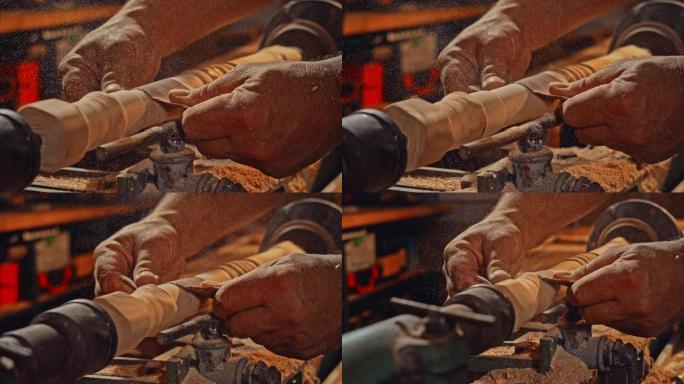 机器转动时，男性双手打磨一块木头