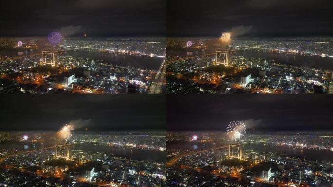 除夕夜的岘港市鸟瞰烟花。