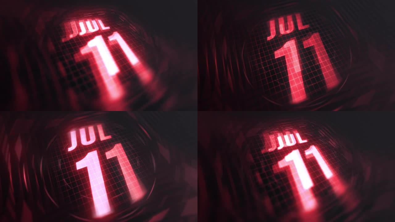 3d运动图形中的7月11日。未来的红外日历和科技发光霓虹灯拍摄，发光二极管纪念等。4k in循环