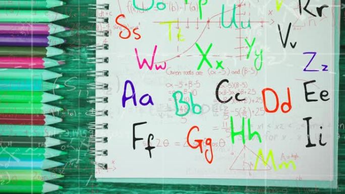 在蜡笔和笔记本上移动数学公式和字母的动画