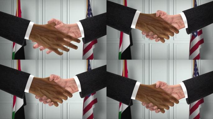 苏丹与美国商业伙伴关系协议。国家政府旗帜。官方外交握手说明动画。协议商人握手