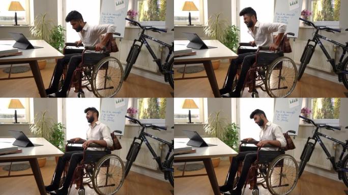 远射的年轻人激励着坐在轮椅上的中东男子站起来努力。英俊聪明的自由职业者肖像在家庭办公室室内叹息思考。