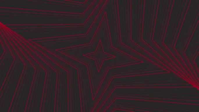 深灰色黑色背景循环上的红色纤细自旋四角星简单平坦几何。星光灿烂的旋转电波无尽的创意动画。旋转星星无缝
