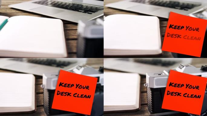 保持办公桌清洁的动画笔记和办公桌上的办公物品