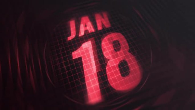 3d运动图形中的1月18日。未来的红外日历和科技发光霓虹灯拍摄，发光二极管纪念等。4k in循环