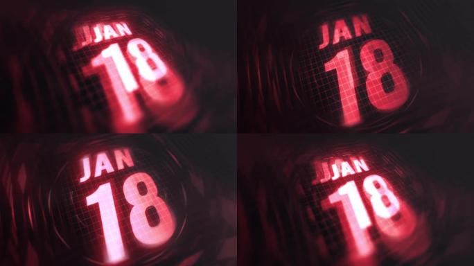 3d运动图形中的1月18日。未来的红外日历和科技发光霓虹灯拍摄，发光二极管纪念等。4k in循环