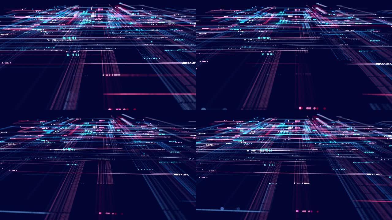 线形成全息图信息块、人工智能建筑光网格、信息概念线和节点。大数据领域。高科技信息技术。vj循环抽象背