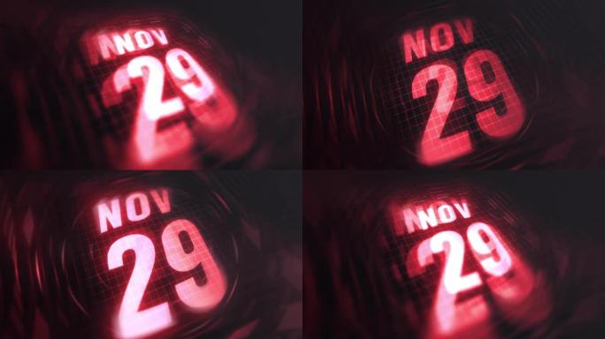 3d运动图形中的11月29日。未来的红外日历和科技发光霓虹灯拍摄，发光二极管纪念等。4k in循环