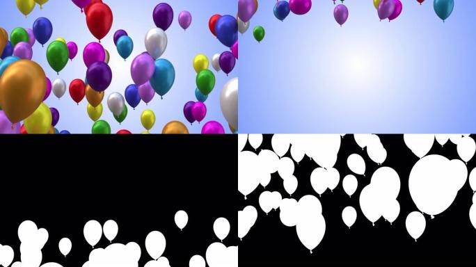 多色气球从下到上飞行，隔离在渐变背景上，亮度，4k视频元素
