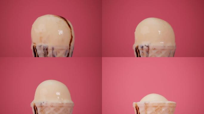 香草冰淇淋在圆锥形上的延时融化。