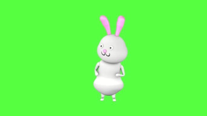 可爱的兔子的3D角色在绿色屏幕背景上可怕地环顾四周。3D循环动画。