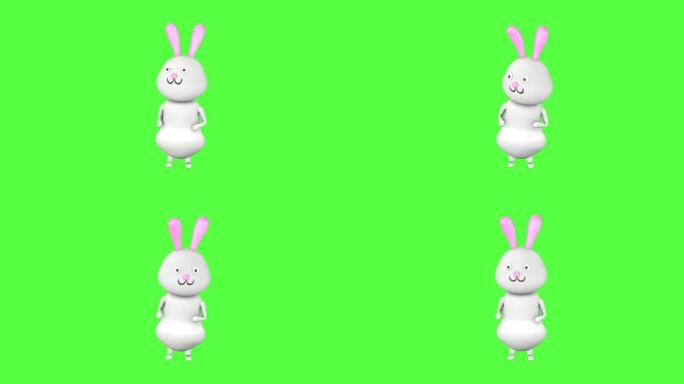 可爱的兔子的3D角色在绿色屏幕背景上可怕地环顾四周。3D循环动画。