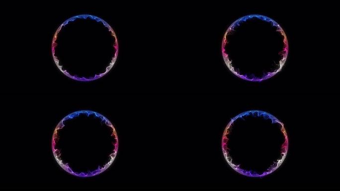 圆形框架。粉红色，蓝色和白色3d圆圈由波浪，圆点，颗粒混合而成，孤立在黑色背景上。流动的颗粒。