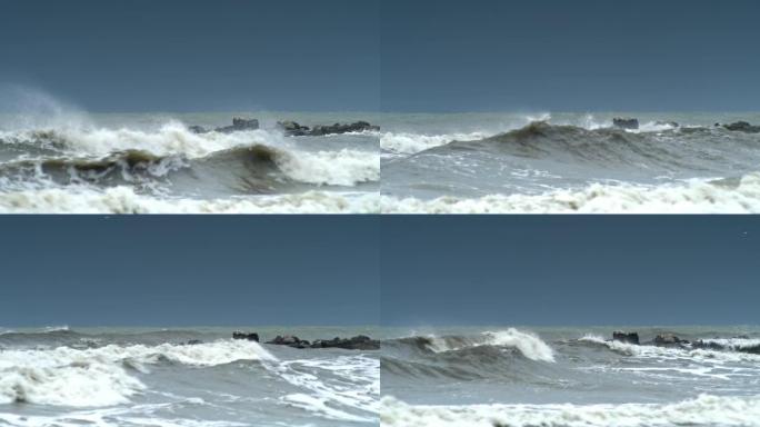 在暴风雨的日子里，LD海浪冲向海岸