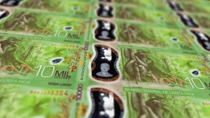 哥斯达黎加冒号印刷机打印出当前冒号钞票，无缝循环，哥斯达黎加货币货币背景，4K，聚焦深度Smoot和