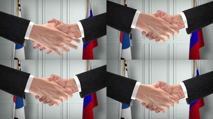 韩俄协议握手，政治说明。正式会议或合作，商务见面。商人和政客握手