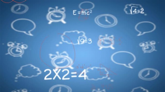 蓝色背景上的学校图标上的数学方程式动画
