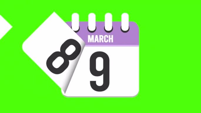 3月13日。日历出现，页面下降到3月13日。绿色背景，色度键 (4k循环)