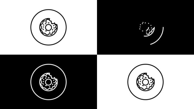 甜甜圈咬黑白线图标矢量插图在一个圆圈中，用于快餐，沙漠，甜蜜动画，自画