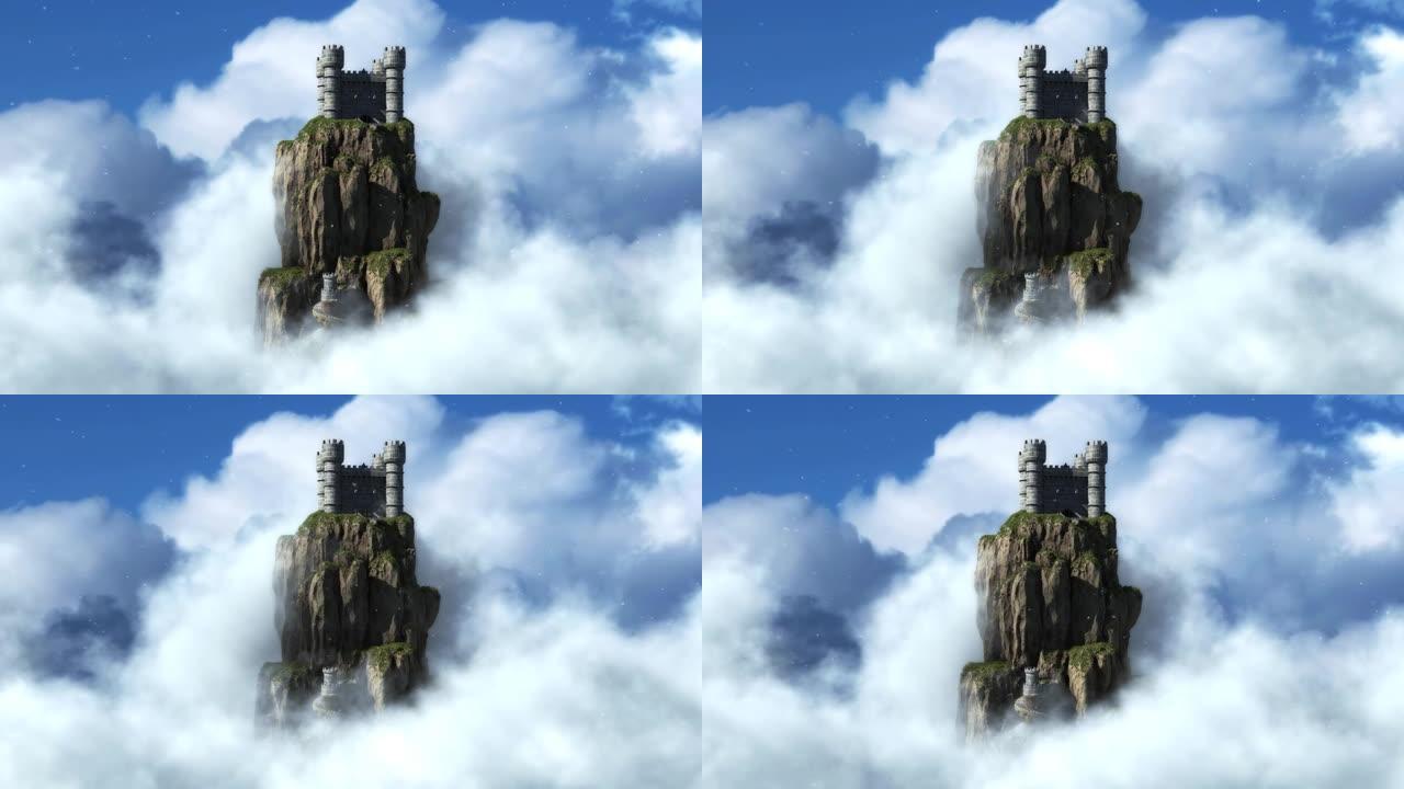 云之间的3D天空城堡-景观VJ循环运动图形背景图形动画