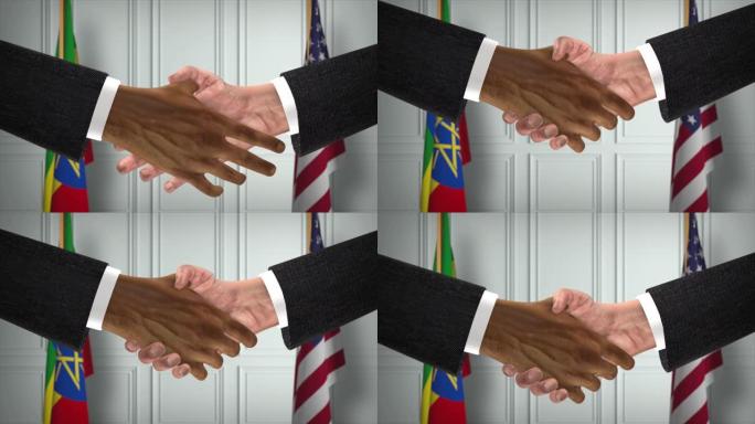 埃塞俄比亚和美国商业伙伴关系协议。国家政府旗帜。官方外交握手说明动画。协议商人握手