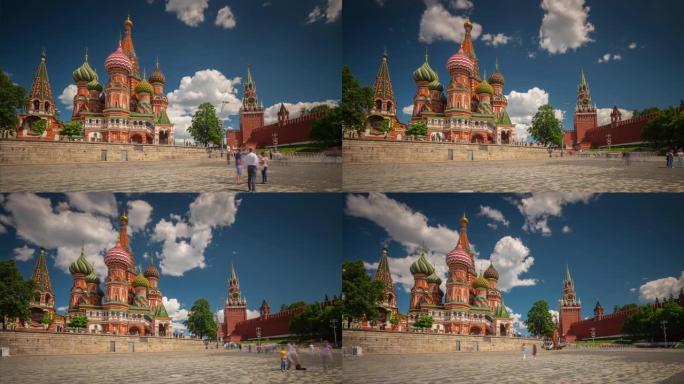 莫斯科城市圣巴兹尔大教堂背面全景4k延时俄罗斯