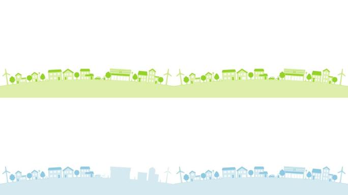 城市景观插图为背景，生态城镇 (绿色和蓝色，20秒循环)