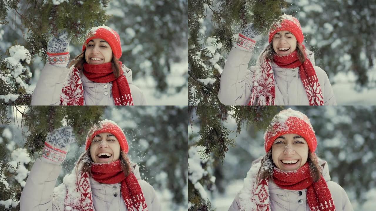4k慢动作女孩，穿着针织红领巾，无檐小便帽和手套站在公园里，摇晃杉木树枝。雪落在女孩的帽子和脸上，女