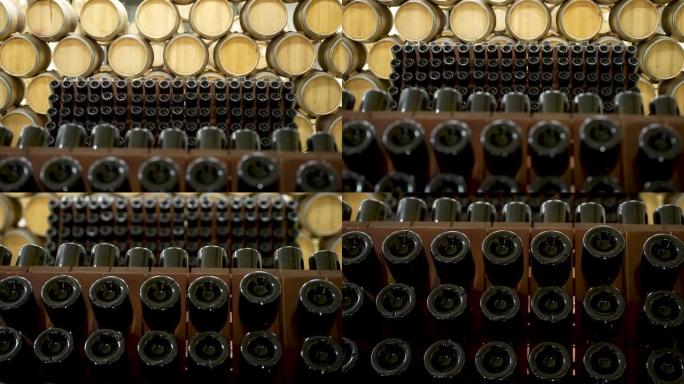 酒窖。瓶子和桶里存放葡萄酒的储藏室。黑暗地下金库里的老酒。木制橡木酒桶。木制架子上的瓶子。