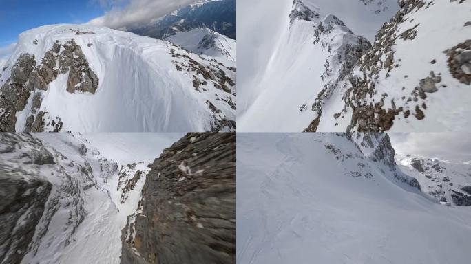 山石登顶速度潜水岩石纹理冬季山谷冰冻电影景观鸟瞰图