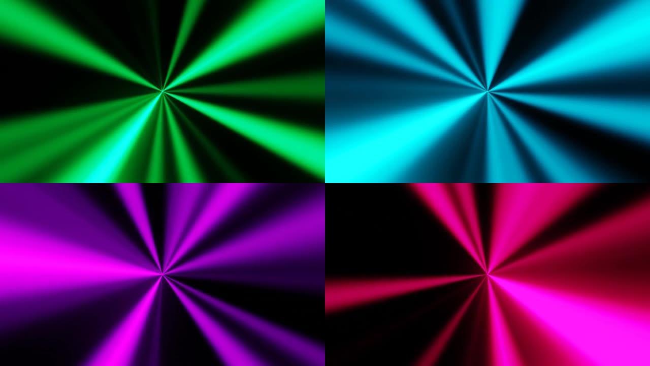 彩色的大发光光线从中心旋转。3d循环抽象动画