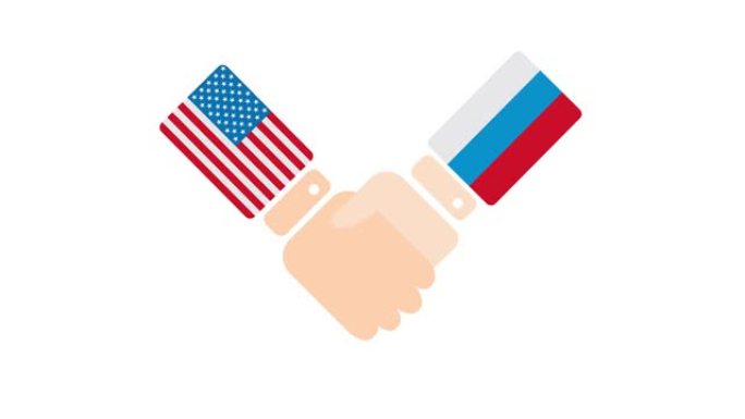 美国(美)和俄罗斯握手，政客会面或合作的概念相关的2D卡通动画，孤立在白色背景上