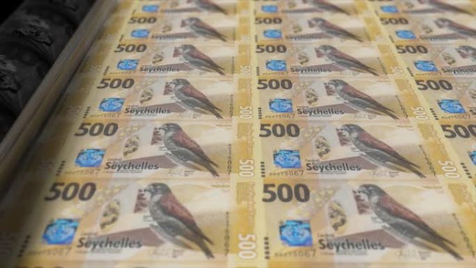 塞舌尔，塞舌尔卢比印刷机打印出当前500卢比纸币，无缝环，塞舌尔货币货币背景，4K，焦点深度平滑和N