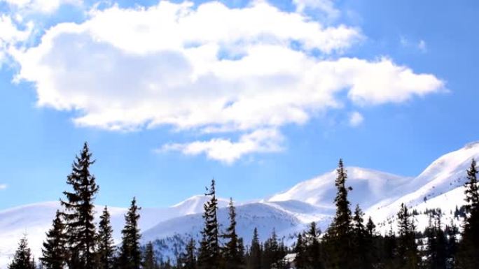 冬季美丽的风景秀丽的自然山脉在滑雪胜地的全景。在阳光明媚的寒冷寒冷的日子里，森林中覆盖着雪冰的松杉云