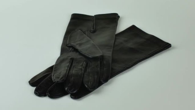 优雅的女性皮手套，背景浅。一对新的黑色皮手套，隔离在浅色背景上。寒冷季节的服装概念