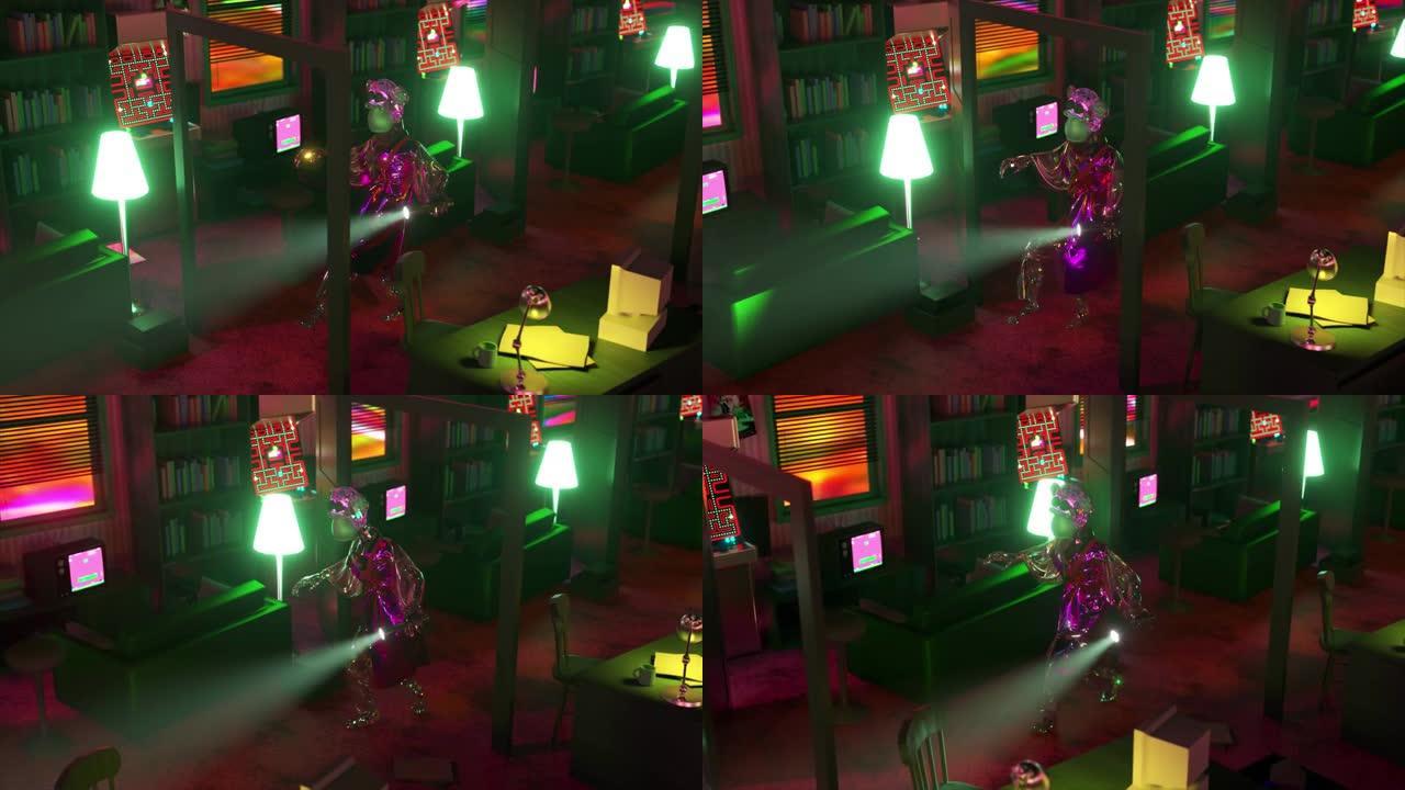 穿着闪亮长袍的钻石猿跟踪图书馆。在黑暗中用灯笼照亮道路。书籍、游戏、电脑