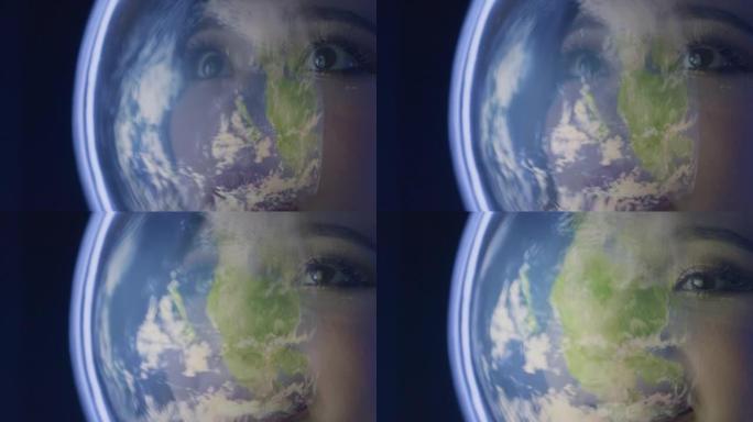 快乐微笑的女宇航员戴着头盔看着地球地球星球
