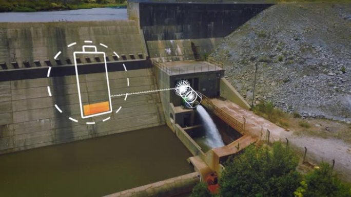 空中滑梯和水坝的全景镜头。以图形方式说明使用水的功率通过发电机为电池充电。电脑新增视觉效果