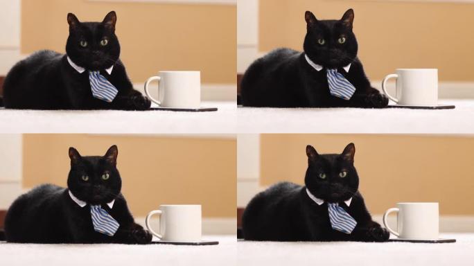 带咖啡和手机的商务猫