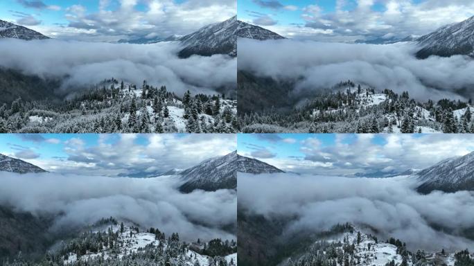 空中无人机视图日出风景，早晨雾和雪在童话草甸国家公园与拉赫希奥特冰川在南加帕尔巴特山，喀喇昆仑山，喜