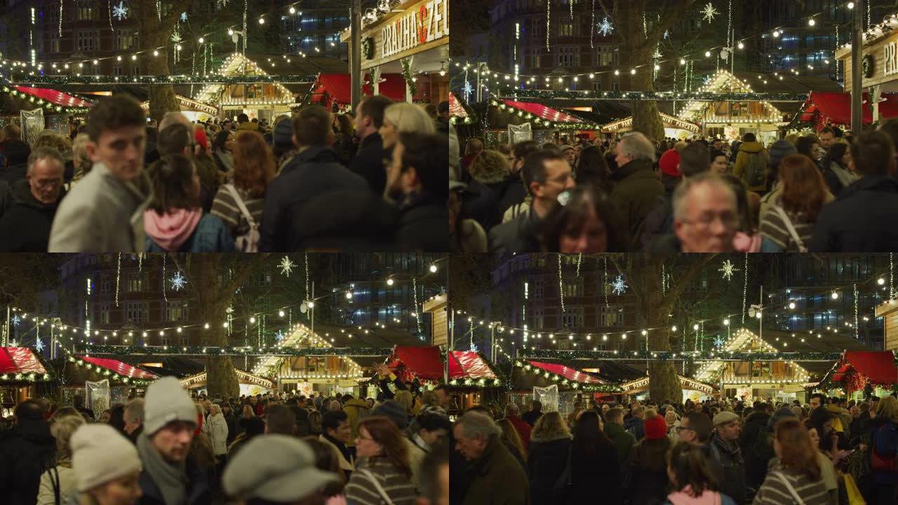 伦敦莱斯特广场圣诞市场，晚上
