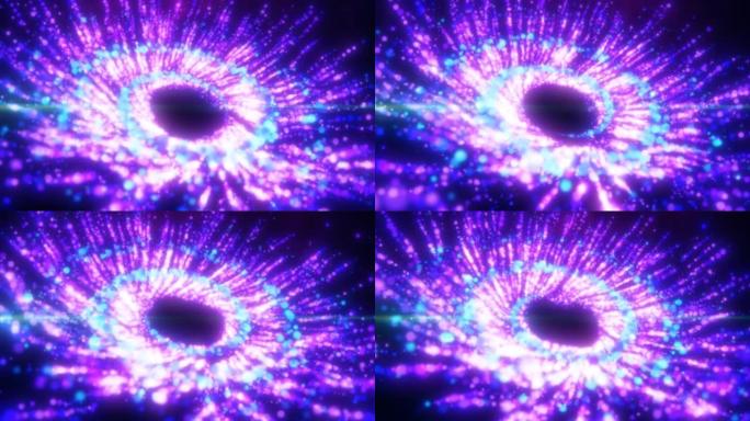抽象的紫色和蓝色明亮的发光粒子在旋风中盘旋飞行，神奇的能量，抽象的背景。视频4k，运动设计