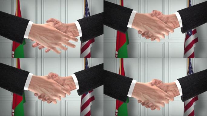 白俄罗斯和美国的合作伙伴商业协议。国家政府旗帜。官方外交握手说明动画。协议商人握手