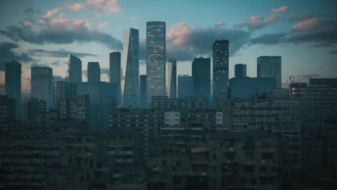 现代建筑前的贫民窟房屋。
