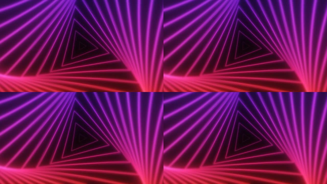 抽象发光霓虹灯三角形旋转蓝色和红色线条能量未来高科技背景。视频4k
