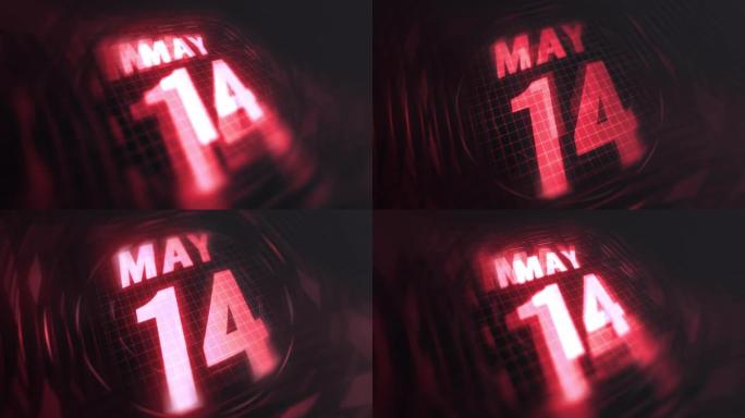 3d运动图形中的5月14日。未来的红外日历和科技发光霓虹灯拍摄，发光二极管纪念等。4k in循环