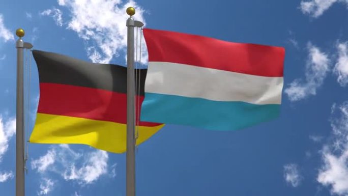 德国国旗与卢森堡国旗在一杆，3D渲染，两个旗帜